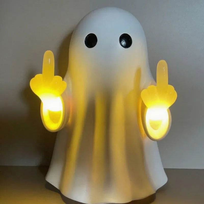 White Halloween ghost night lamp with cute statue design on black background