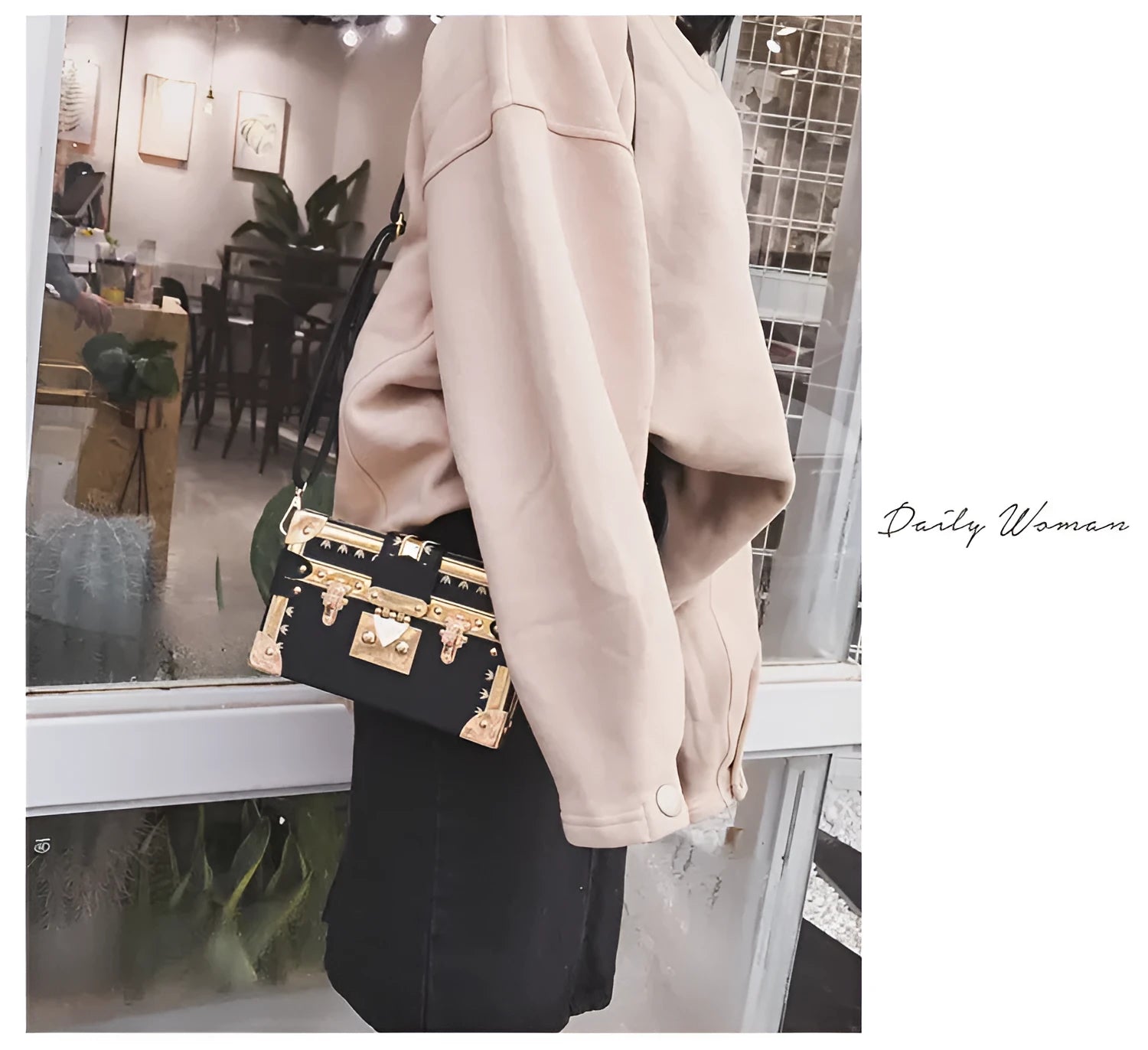 Women's black PU leather shoulder bag with flap closure and adjustable crossbody strap