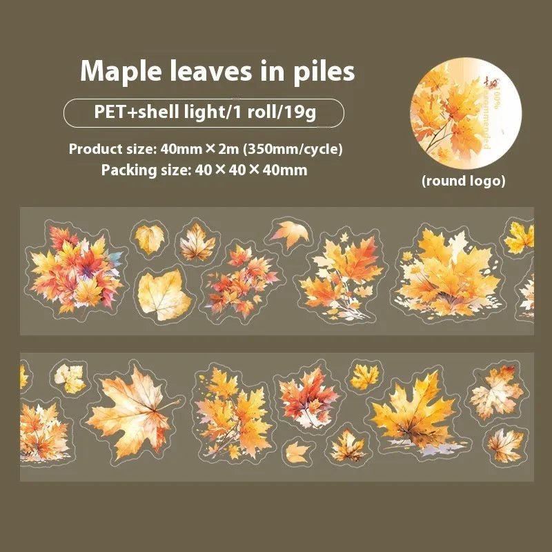 Roll of Deciduous Poetry Series decorative stickers showing leaf patterns in gentle ginkgo, maple, and blue fallen leaves colours.
