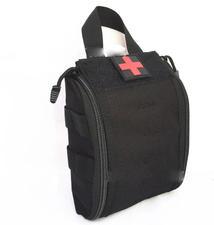 Tactical medical first aid kit for outdoor camping and climbing, shown open with contents including gauze, bandages, and medicines.