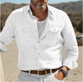 Men's green cotton linen blend long-sleeved shirt showing loose fit design
