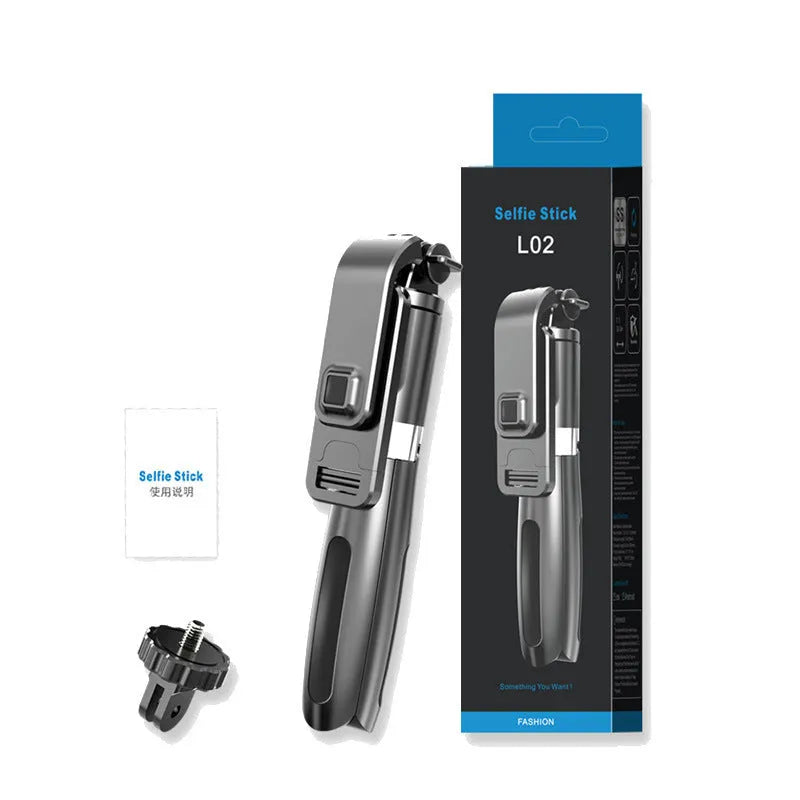 Black or white Bluetooth selfie stick tripod extended with phone attached and wireless remote.