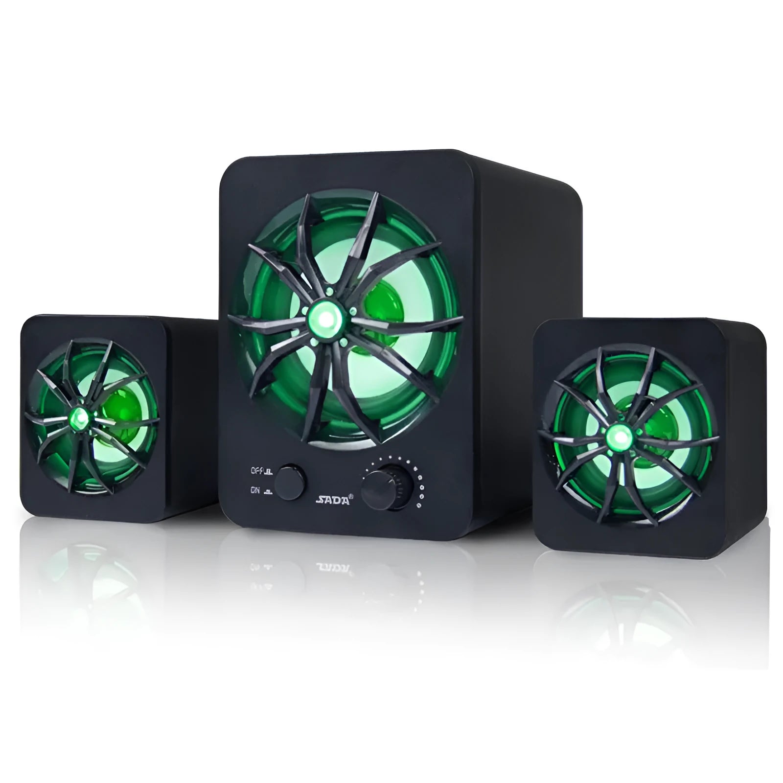 Green U-2600 mini portable 2.1 USB computer speaker with LED lights and dual connectivity ports