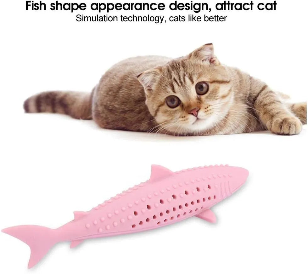 Silicone fish-shaped cat chew toy with breathable holes in green, pink, or purple colours