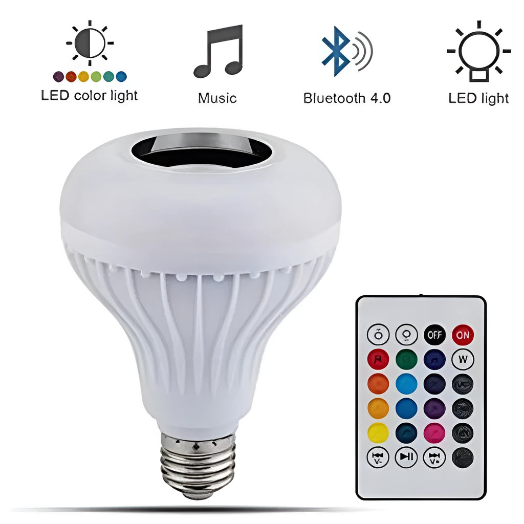 White Bluetooth speaker LED light bulb with E27 base and remote control for colour-changing mood lighting.
