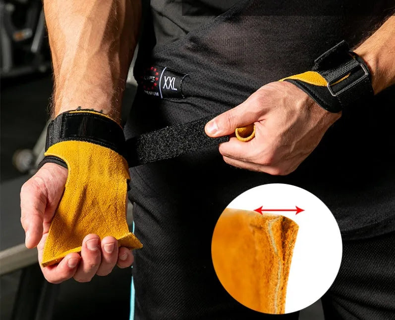 SKDK brown cowhide hand grips with double-layer construction for weight lifting