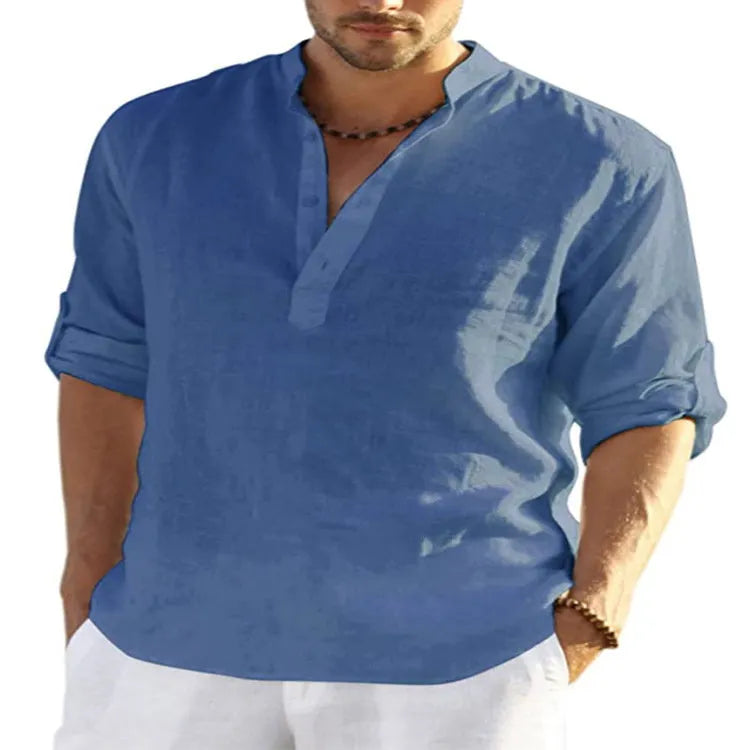 Men's slim fit cotton linen shirt with stand collar and long sleeves in a solid light blue colour.