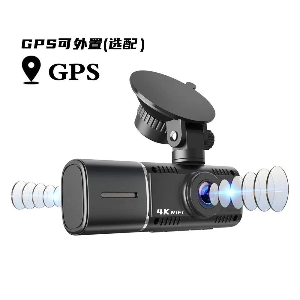 Black dual-channel dash cam on a car windscreen with front and rear recording, 1.5-inch screen.