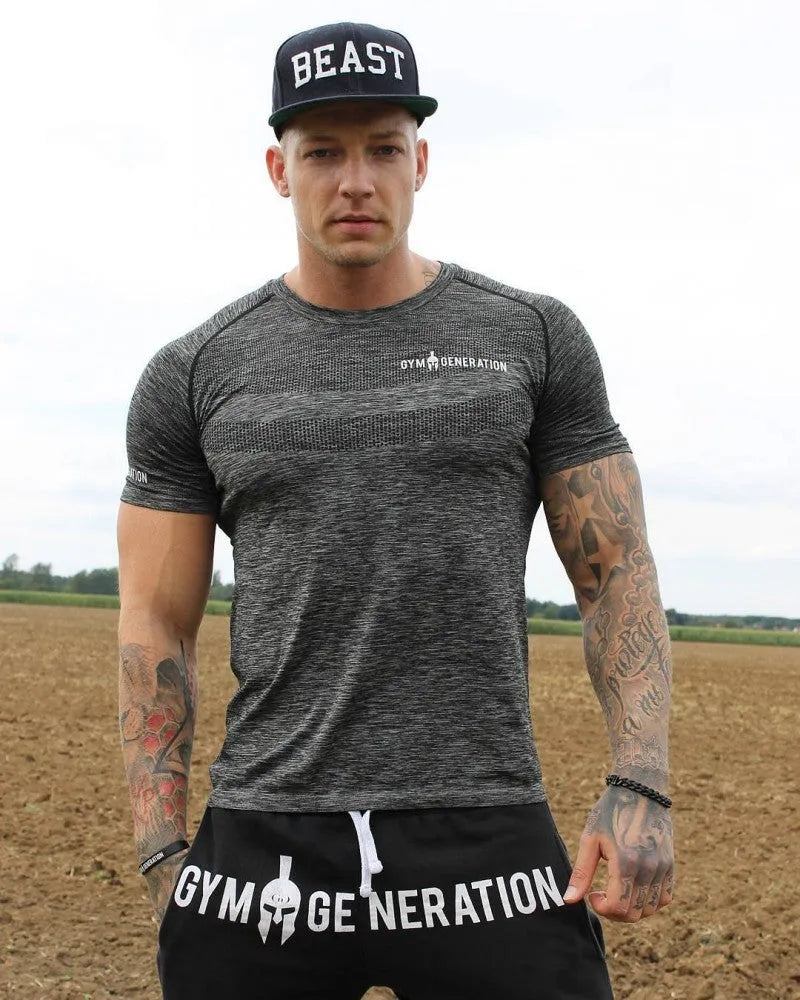 Men's short sleeve polyester workout top in blue, size M to 3XL, for gym training
