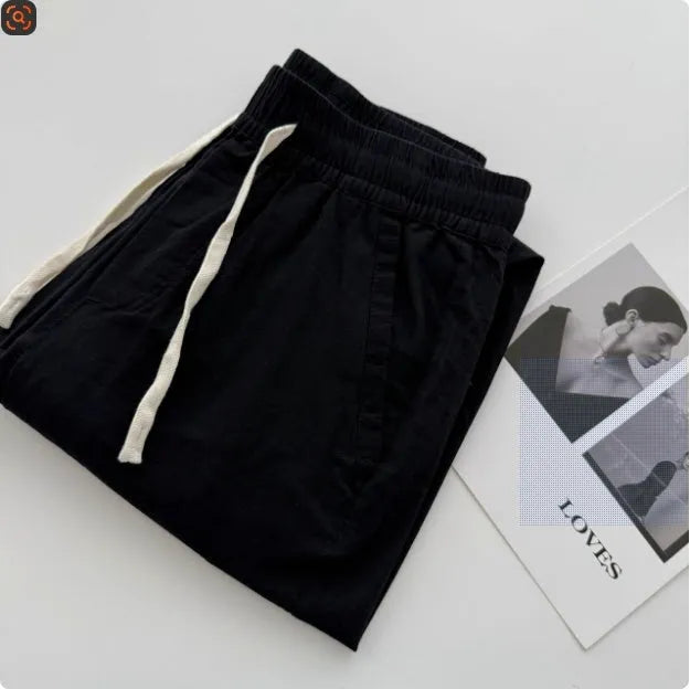 Men's loose straight-leg casual trousers in beige colour with a drawstring waistband