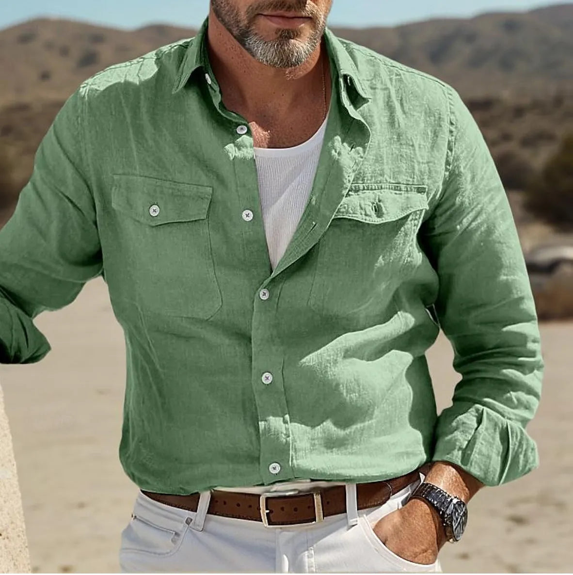 Men's green cotton linen blend long-sleeved shirt showing loose fit design