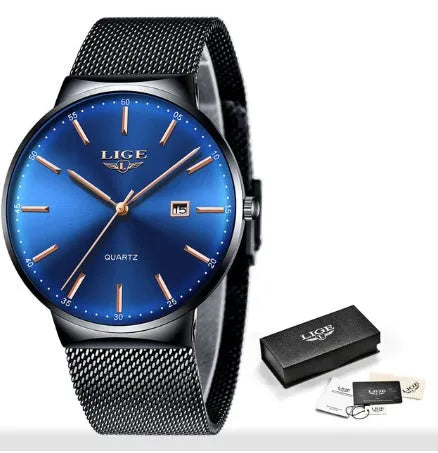 Men's digital watch with stainless steel case and resin strap in black, blue, or two-tone colour
