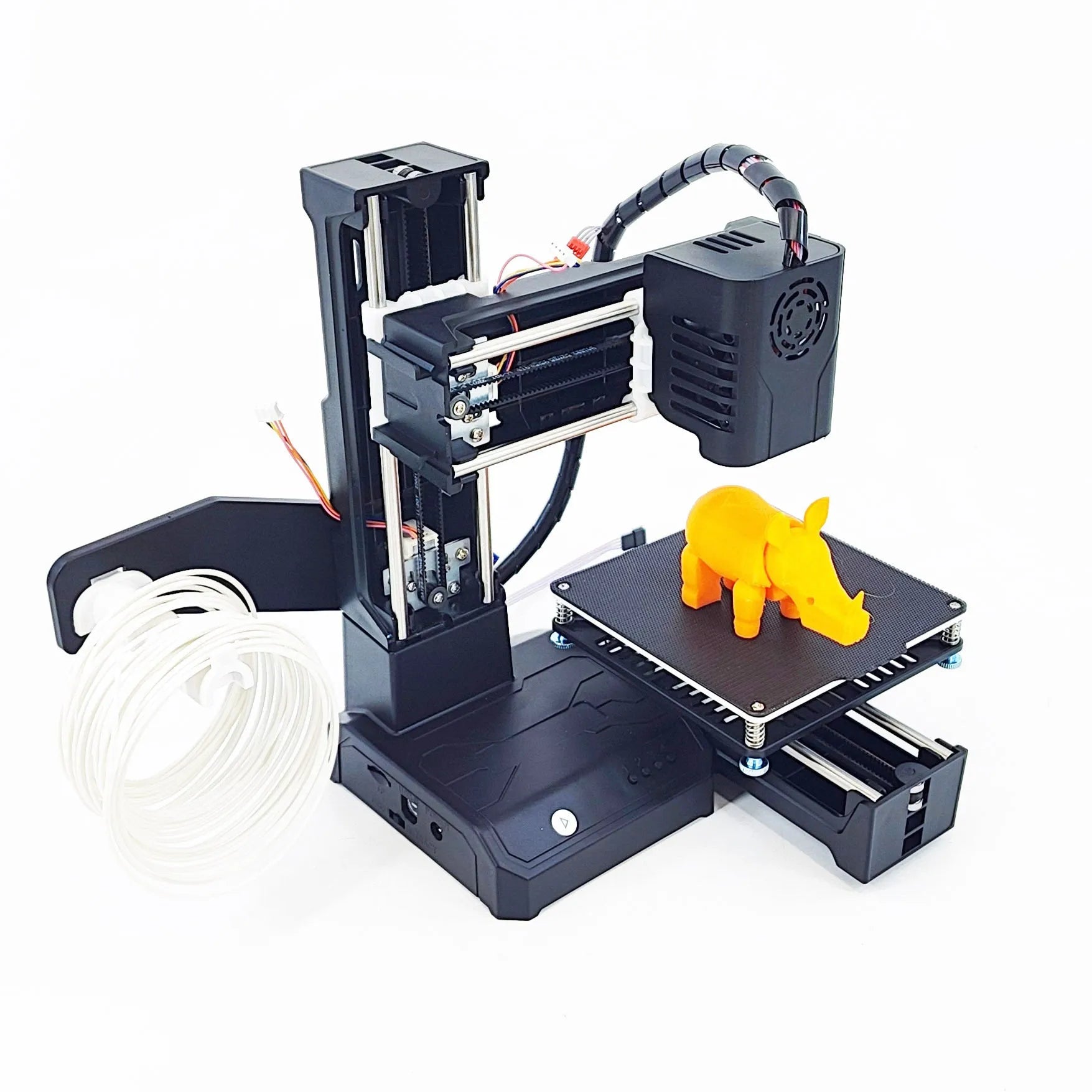 K9 New Mini desktop 3D printer in black or blue colour on a workspace.