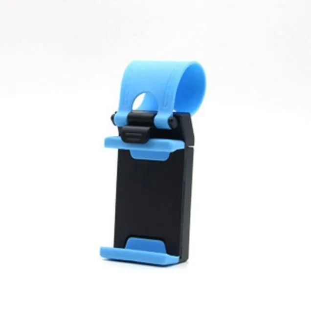 Black steering wheel phone clip mount holding smartphone for car navigation