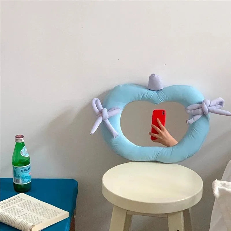 Round wall mirror with cotton-filled fabric pillow frame, Korean-style home decor in apple green colour