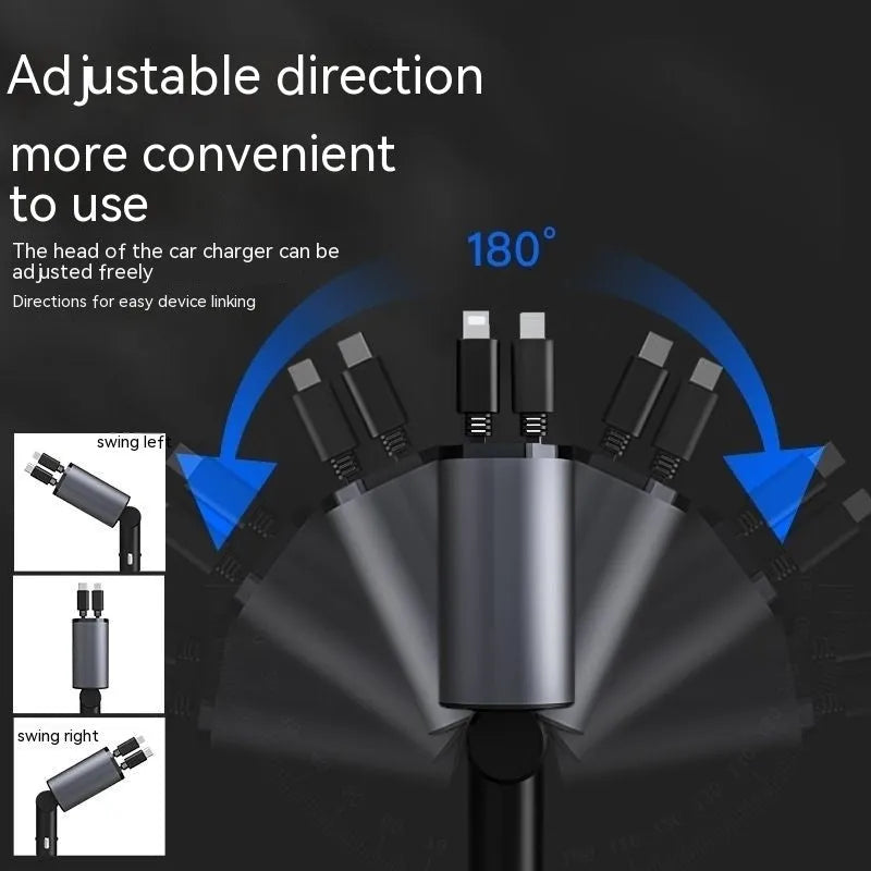 Automatic retractable car charger with four USB ports for fast charging in vehicle
