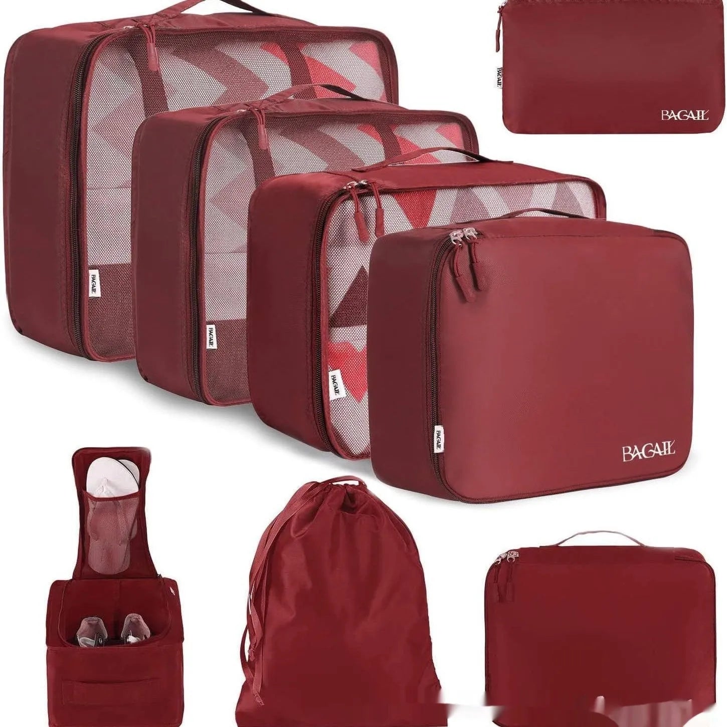 Set of eight cubic travel packing bags for underwear organisation in various colours including solid shades and patterns