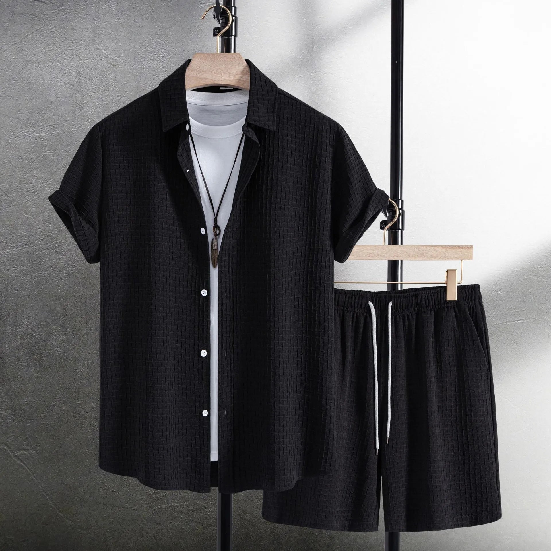 Men's white cotton blend beach shirt and shorts suit with loose cardigan style