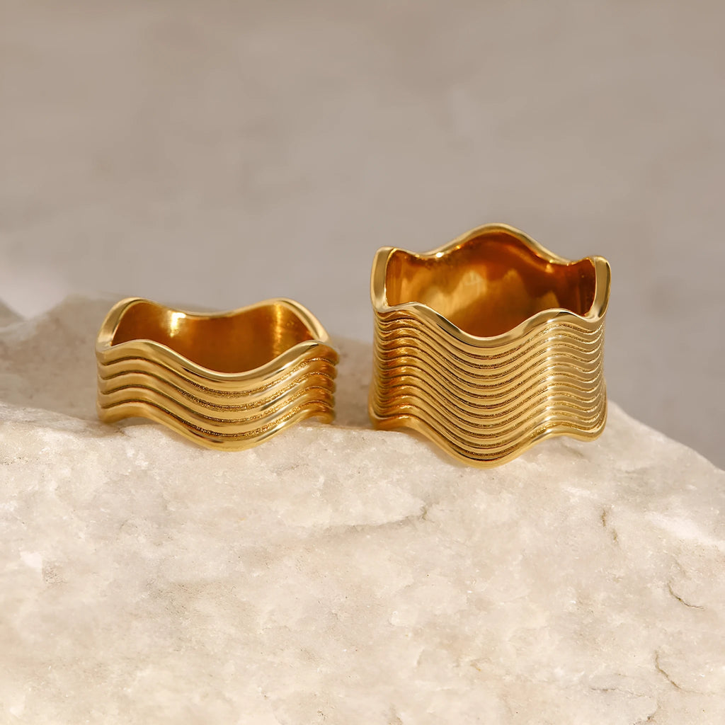 Stainless steel wide surface wave ring with geometric design in Korean style colours