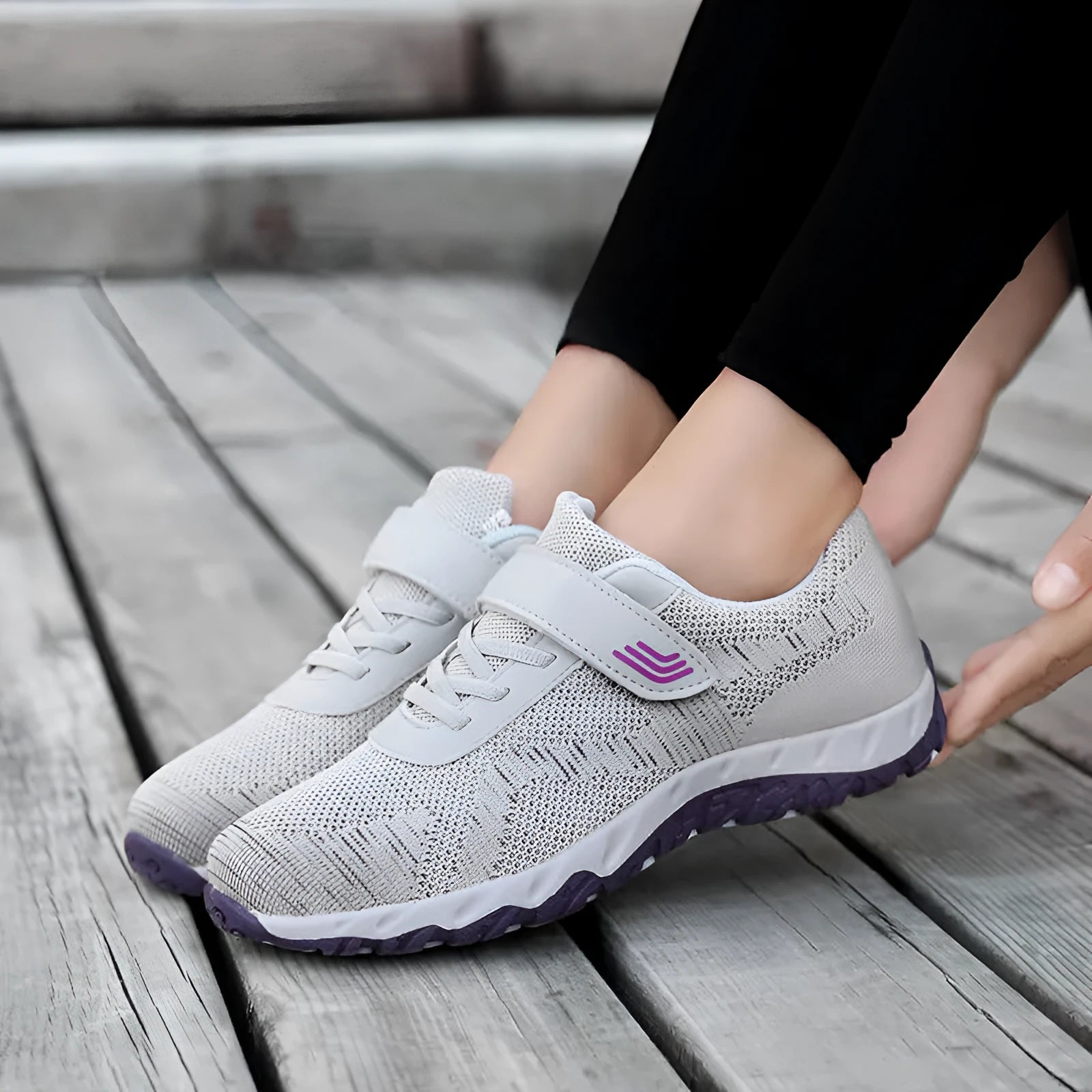 Women's low-top wedge heel shoes in grey purple with breathable mesh upper and Velcro strap.