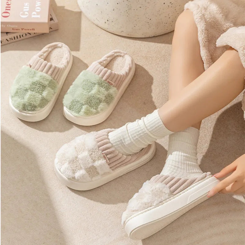 Women's plaid plush indoor slippers with anti-slip sole in multiple colour options