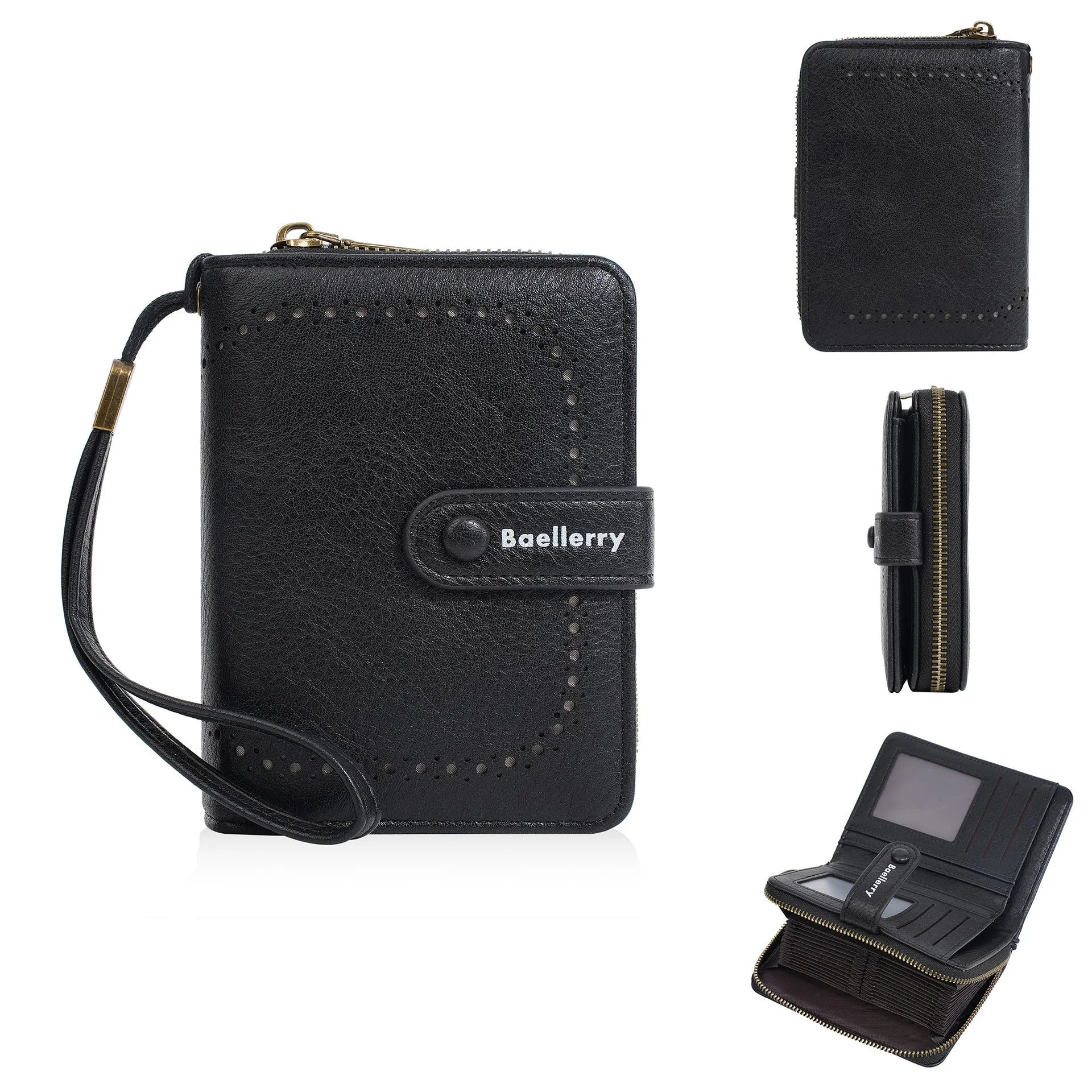 Women's black PU leather zip coin purse with card slots, shown alongside red, brown, and light grey colour options.