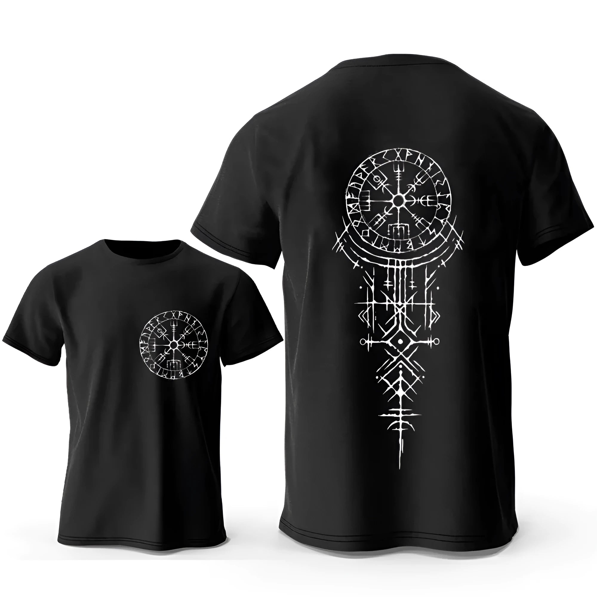 Man wearing a grey t-shirt with a large Viking rune compass graphic printed on the chest.