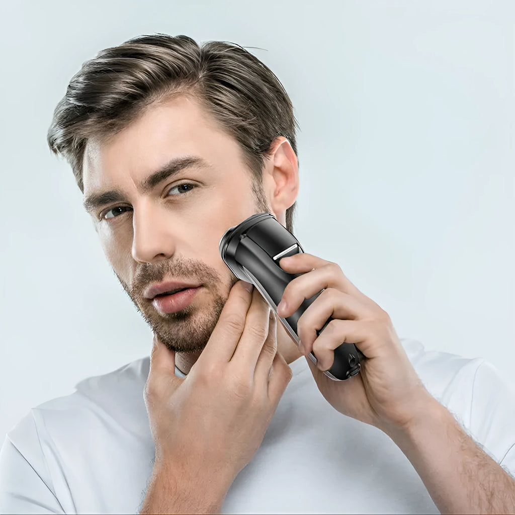 Men's electric shaver kit with three floating heads, sideburn trimmer, USB cable and cleaning accessories