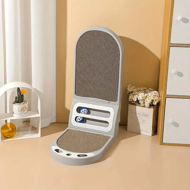 Grey L-shaped vertical cat scratching board with sisal rope, showing tall post and stable base.
