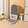Grey L-shaped vertical cat scratching board with sisal rope, showing tall post and stable base.