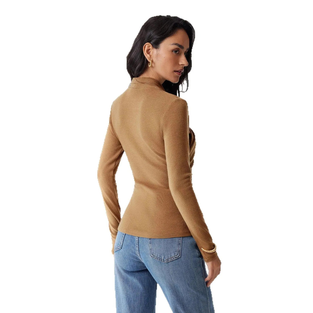 Camel-coloured slim-fit women's polyester pullover sweater with long sleeves