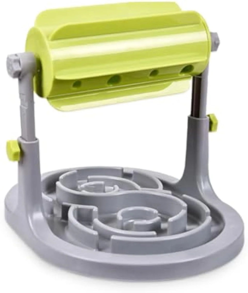 Blue interactive slow feeder puzzle bowl for pets with raised patterns and adjustable height