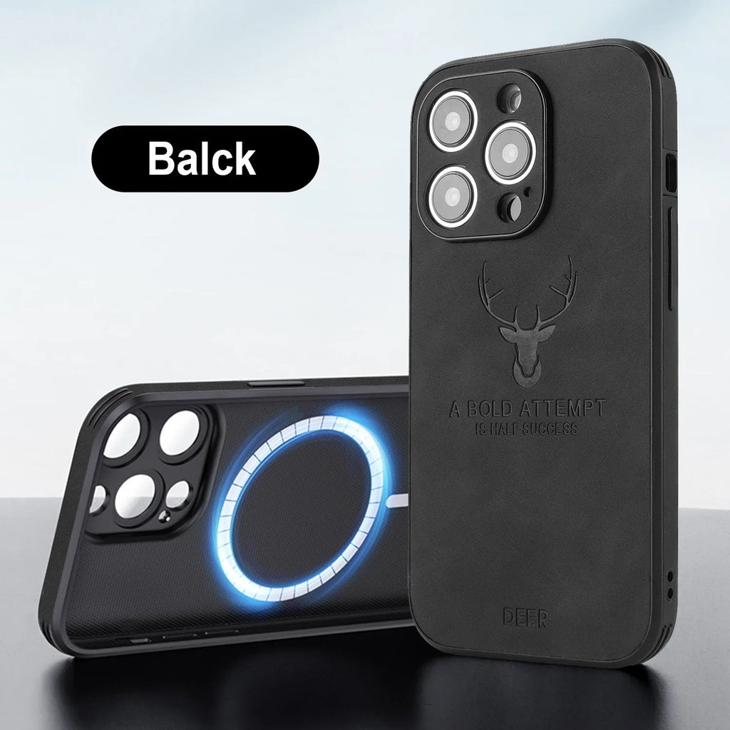 iPhone 16 magnetic charging case with 3D embossed moose head design in imitation leather