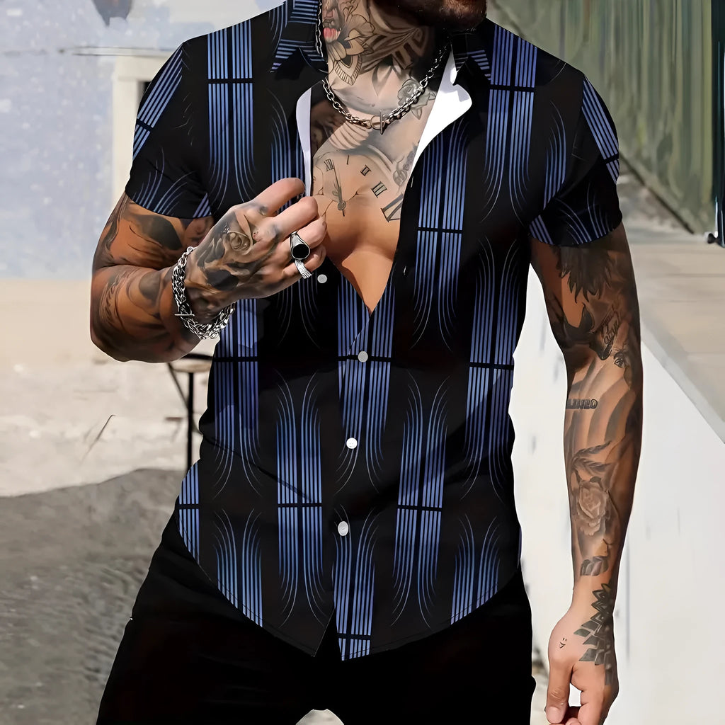 Men's geometric line print lapel short sleeve shirt in slim fit polyester