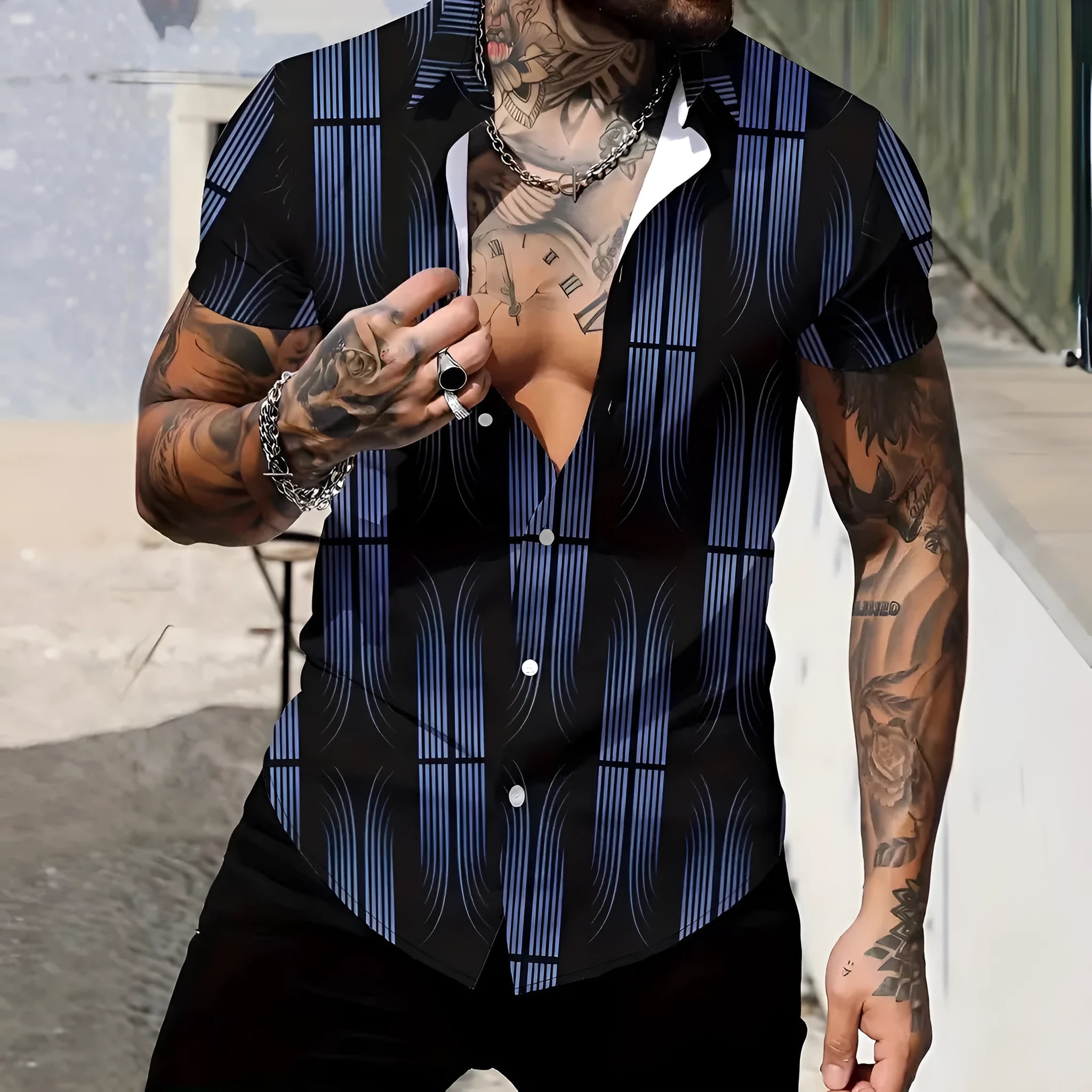 Men's geometric line print lapel short sleeve shirt in slim fit polyester