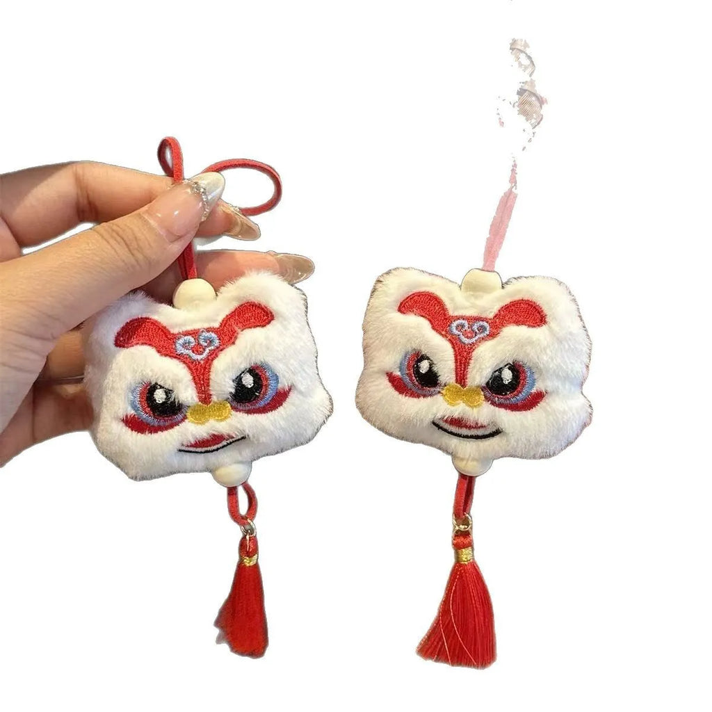 Chinese style blue plush lion keychain ornament with star stone and tassel