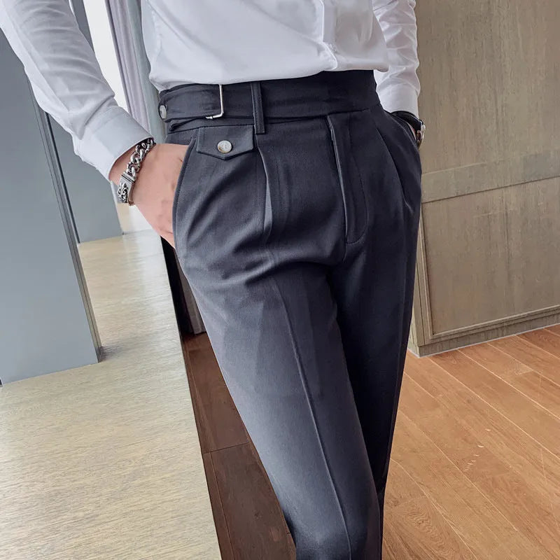 Straight-leg casual trousers in solid colour on hanger showing waistband and leg detail