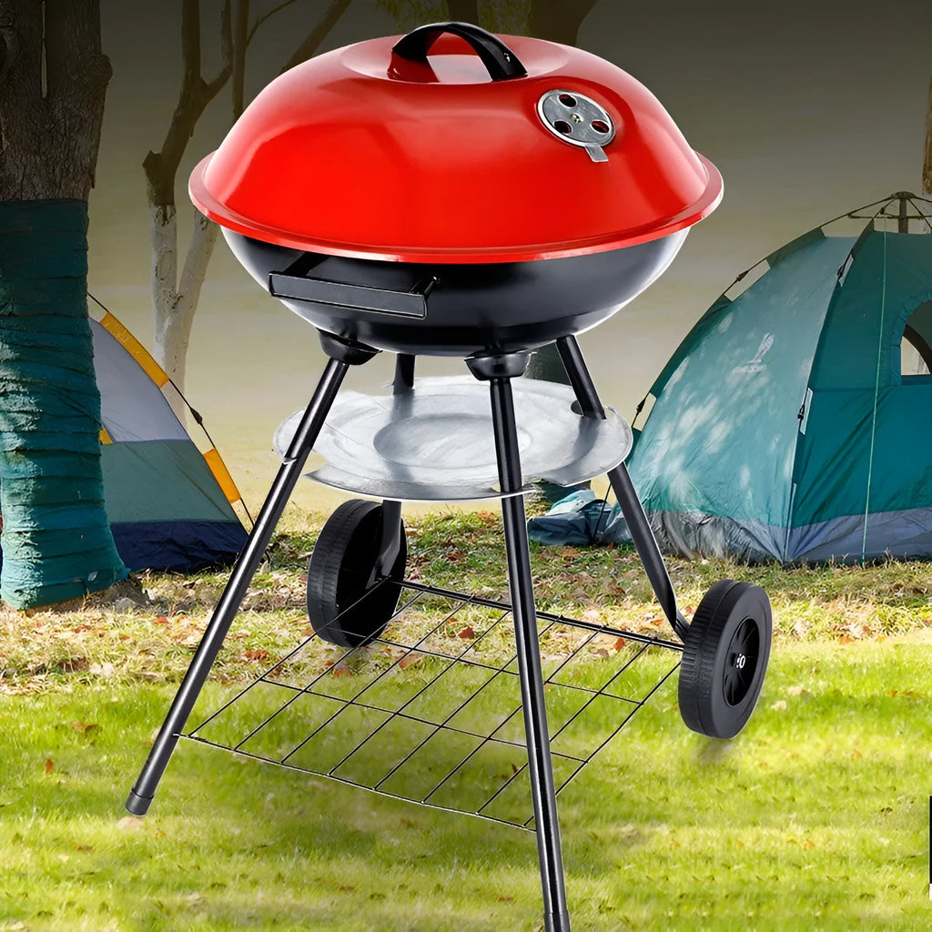 Portable 14-inch barbecue grill with iron construction and apple stove design