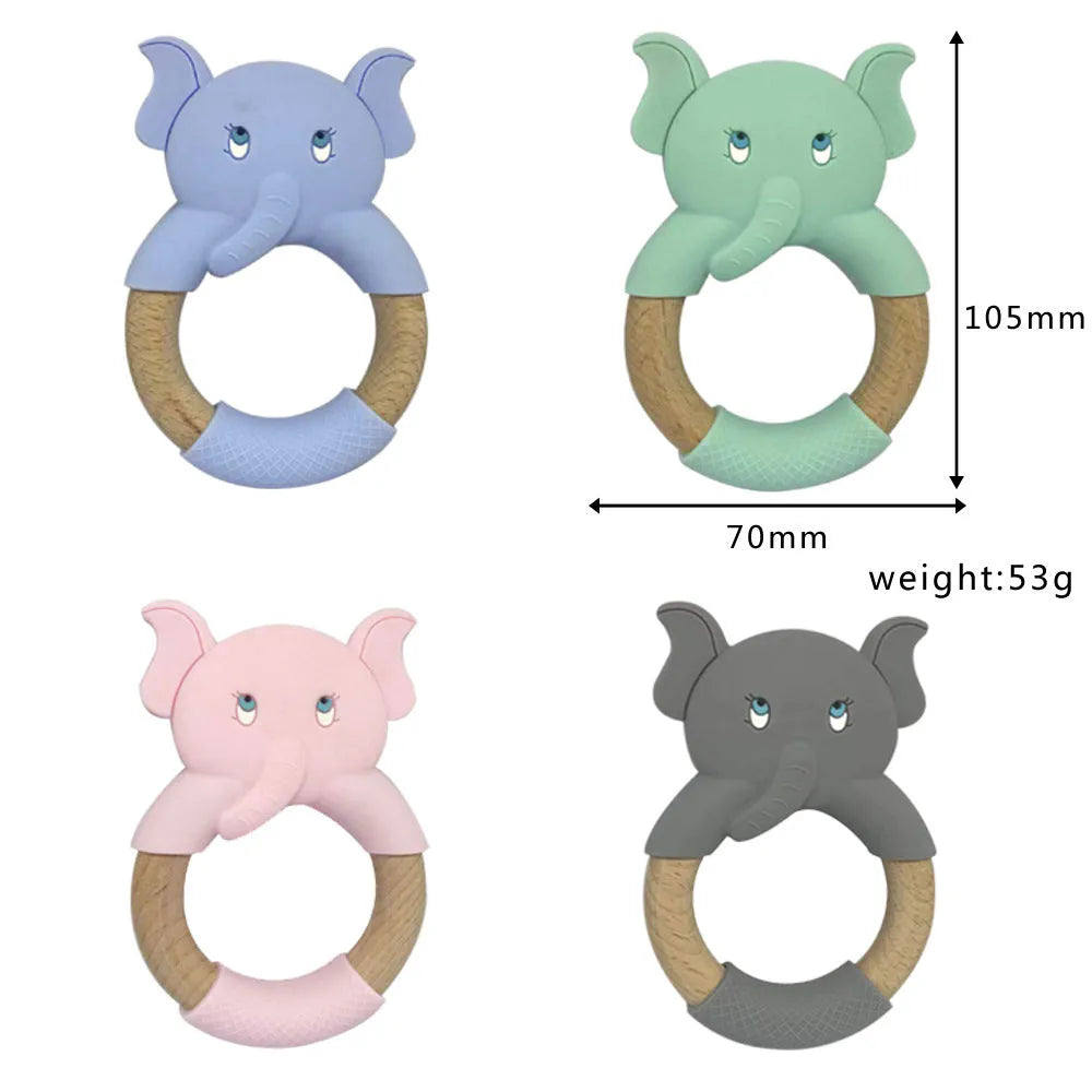 Blue elephant-shaped silicone teether on white background, made from 100% food grade silicone