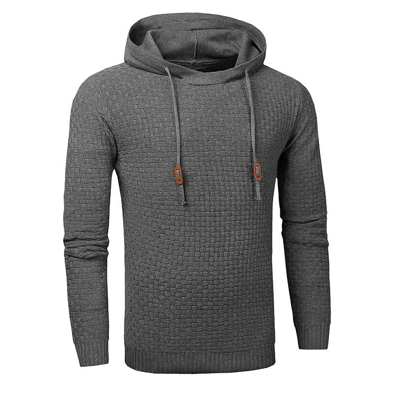 Men's black hoodie sweater made from cotton and polyester blend fabric.