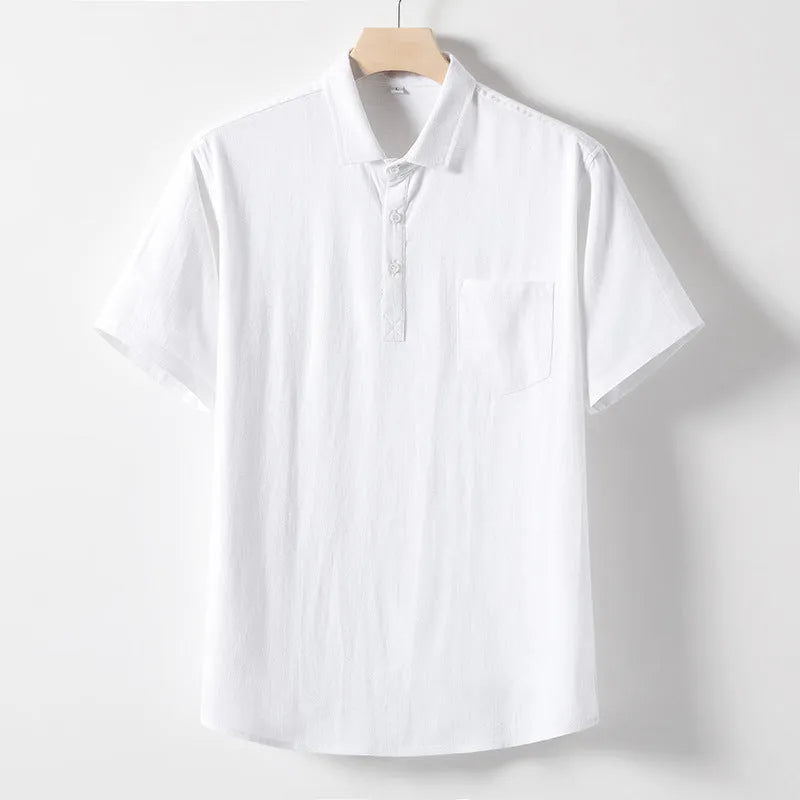 Men's linen t-shirt in hemp blend fabric with loose lapel design and short sleeves