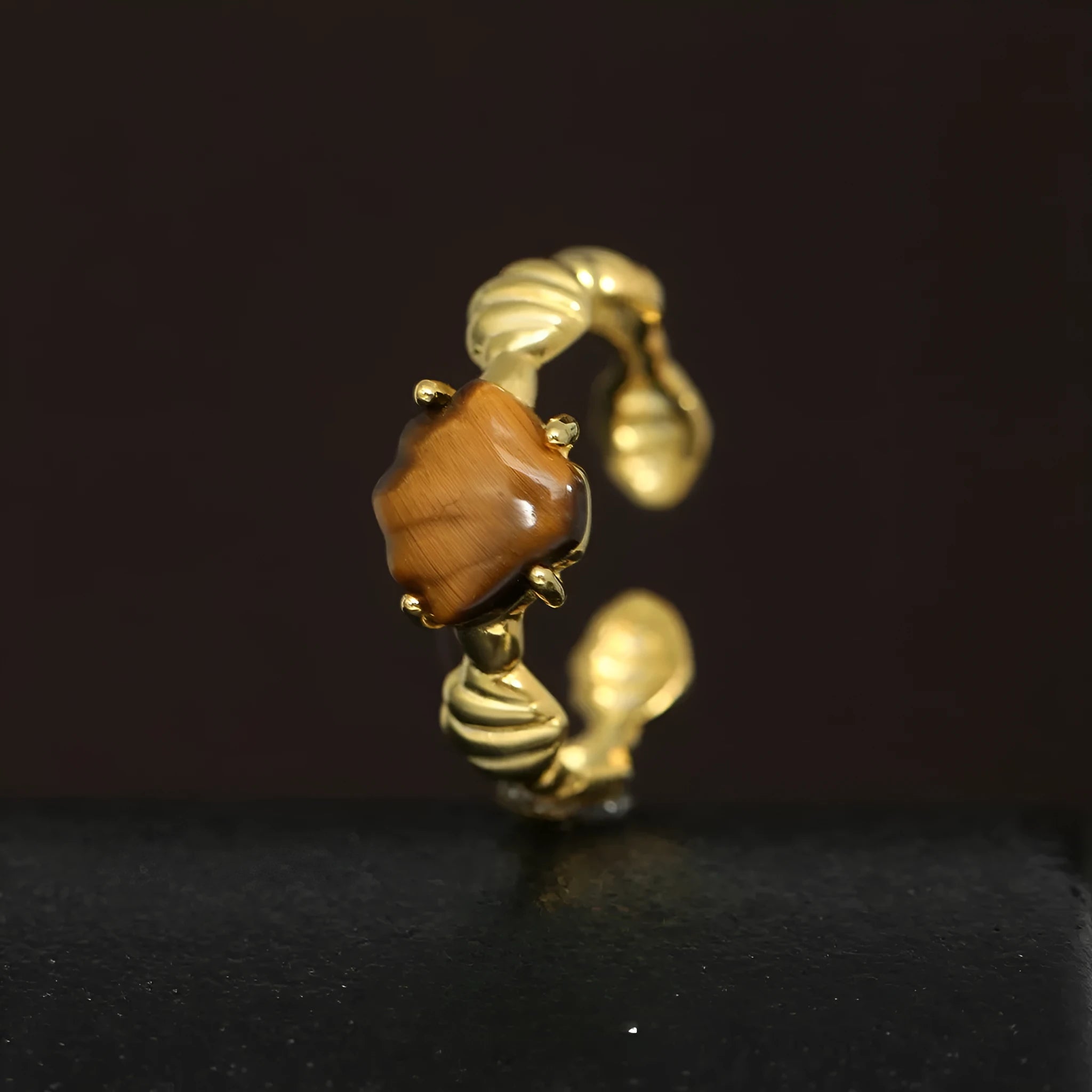 Women's adjustable silver ring with a shell tiger eye stone in white gold or gold colour.