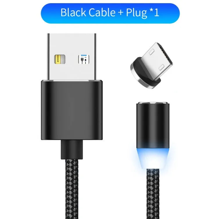 YBD 1m magnetic LED charging cable with cotton woven black cable and aluminium magnetic connectors