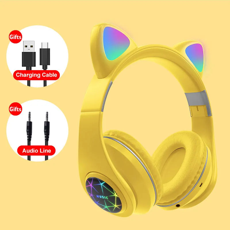 Cat ear wireless sports Bluetooth headset in various colours showing head-mounted design and earpieces