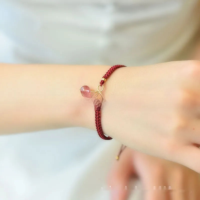 Women's natural strawberry quartz cherry bracelet with crystal gemstone and fruit-shaped design