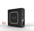 Black or white 10000mAh power bank with wireless charging and four international plug adapters