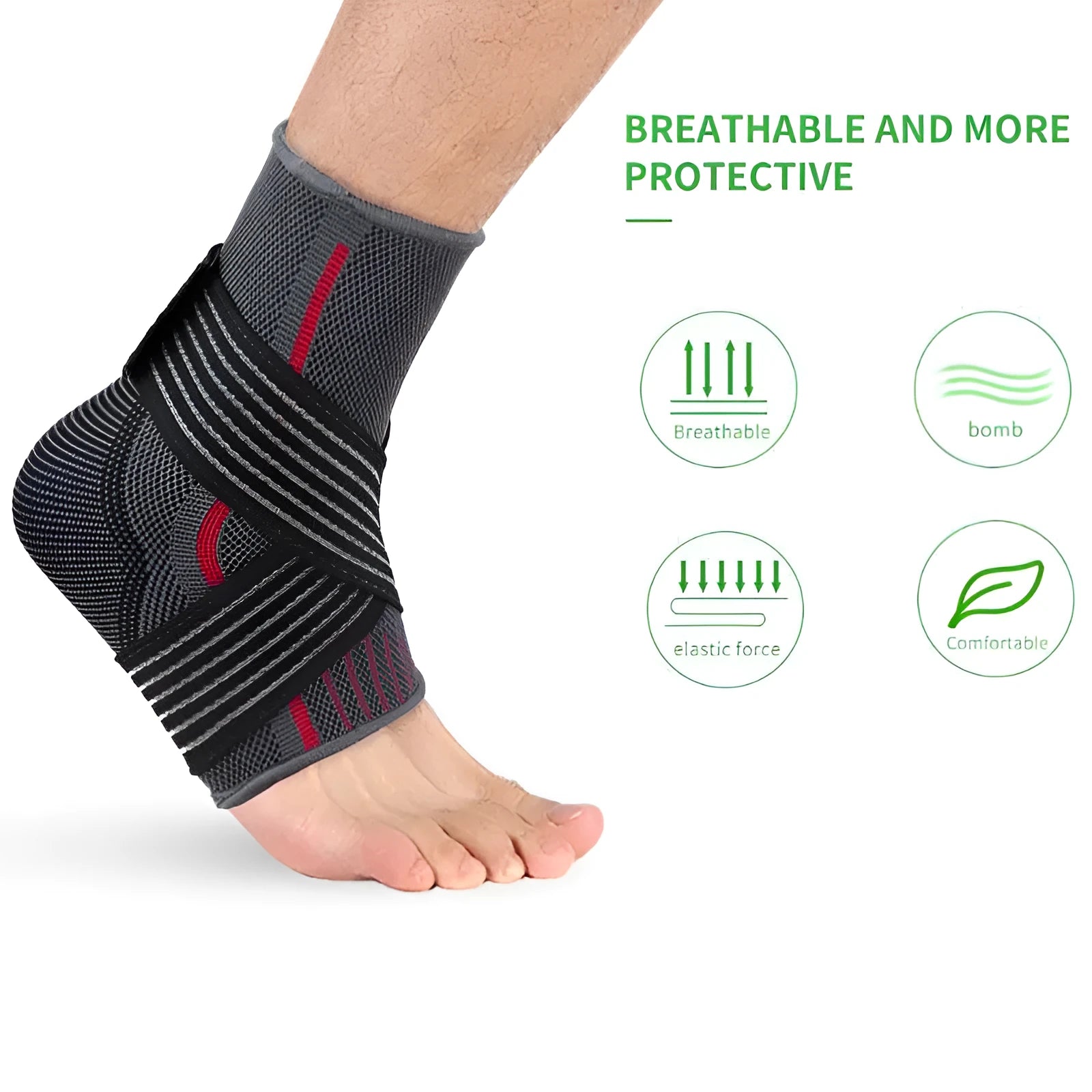 Red nylon ankle support brace with adjustable straps and 3D braiding for sprain protection
