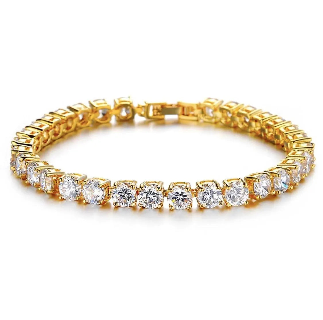 Men's single row iced out rhinestone tennis bracelet in gold and silver alloy link chain style