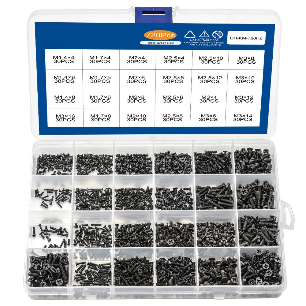 Laptop repair screw set showing black countersunk head machine screws in a box, available in 450, 650, or 720 pieces.