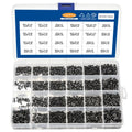 Laptop repair screw set showing black countersunk head machine screws in a box, available in 450, 650, or 720 pieces.